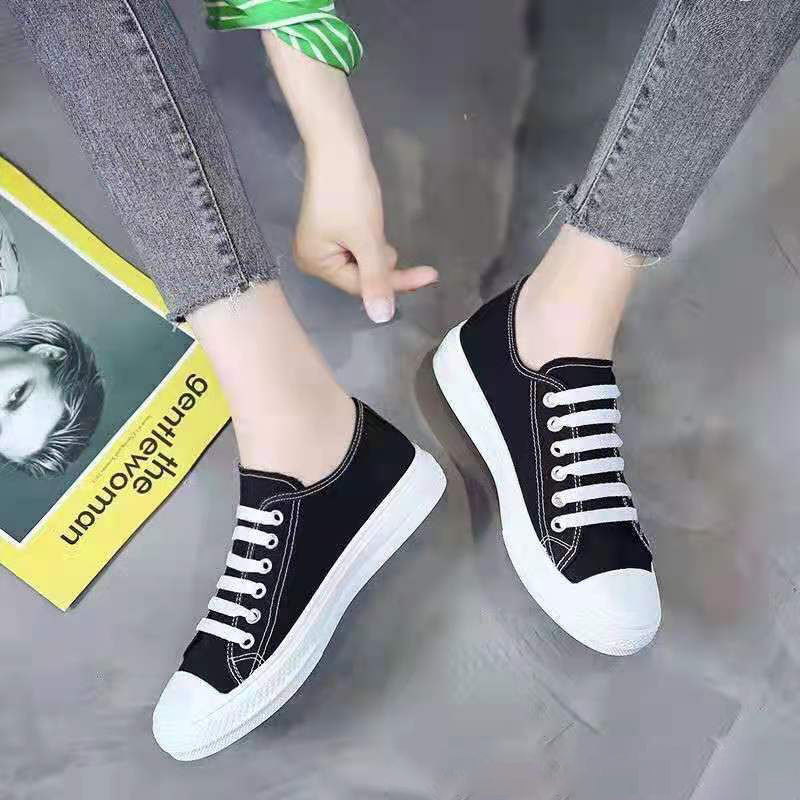 ASSKLO Flats shoes flat heel low top solid color black women's canvas small white shoes versatile version