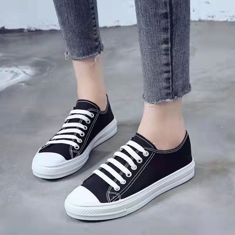 ASSKLO Flats shoes flat heel low top solid color black women's canvas small white shoes versatile version