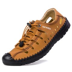 Men's Shoes Leather Sandals Soft Sole Sandals Beach Shoes Breathable Lace Up Khaki 41