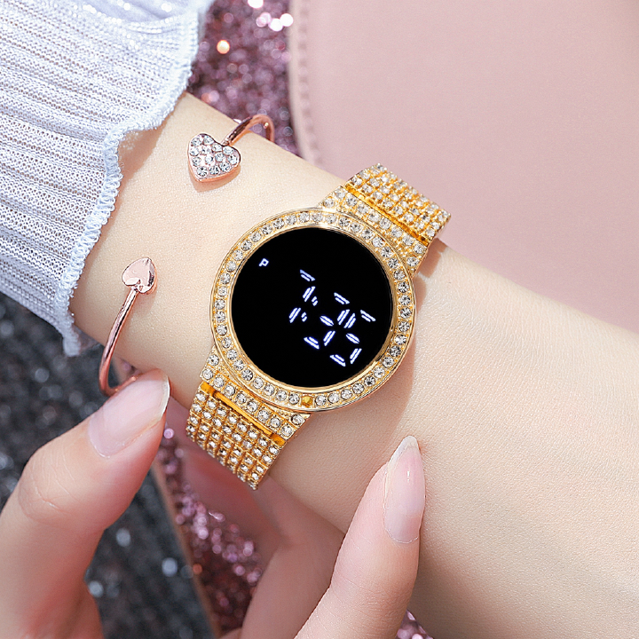 Trendy New Luxury Inlaid Diamonds Stainless Steel Band Led Touch Screen Women's Electronic Watches Shiny Crystal Bands Digital Dial Ladies Girls Students Fashion Watches + Luxury Gift Box Lovers Girlf