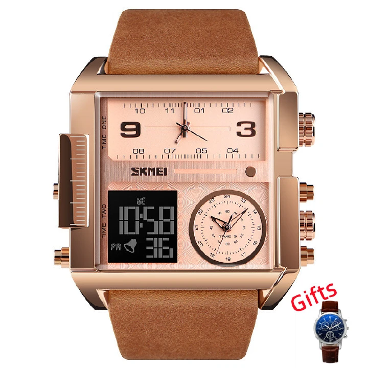 Gift  Men's 3-in-1 European And American High-end  Wrist Watch 30m Waterproof  Time Display Large Dial Watch Men's Business Electronic Watch 2 Quartz 1 Electronic Watch + 1 Quartz Watch as A Gift