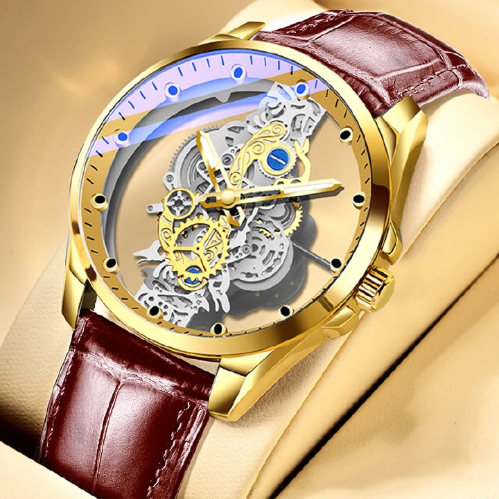 Top End Stainless Steel Busiss Men Watches Creative Design Automatic Double-sided Hollowed Out Transparent Men's Watches Waterproof Luminous Fine Steel Cool Boys Watches + Luxury Gift Box