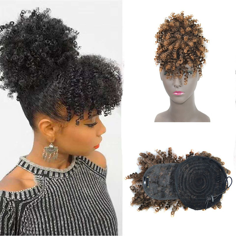 Afro Curly Puff Hair Bun With Bang Qualified High Temperature Fiber Synthetic Hair Piece Fringe Wigs