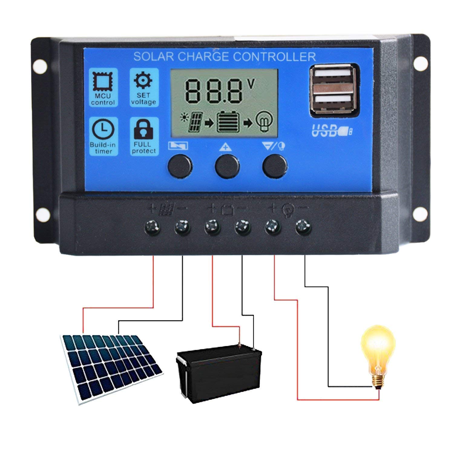 Solar Charge Controller 12V 24V PWM 30A with Adjustable LCD Display Dual USB Port Timer Setting Auto Parameter