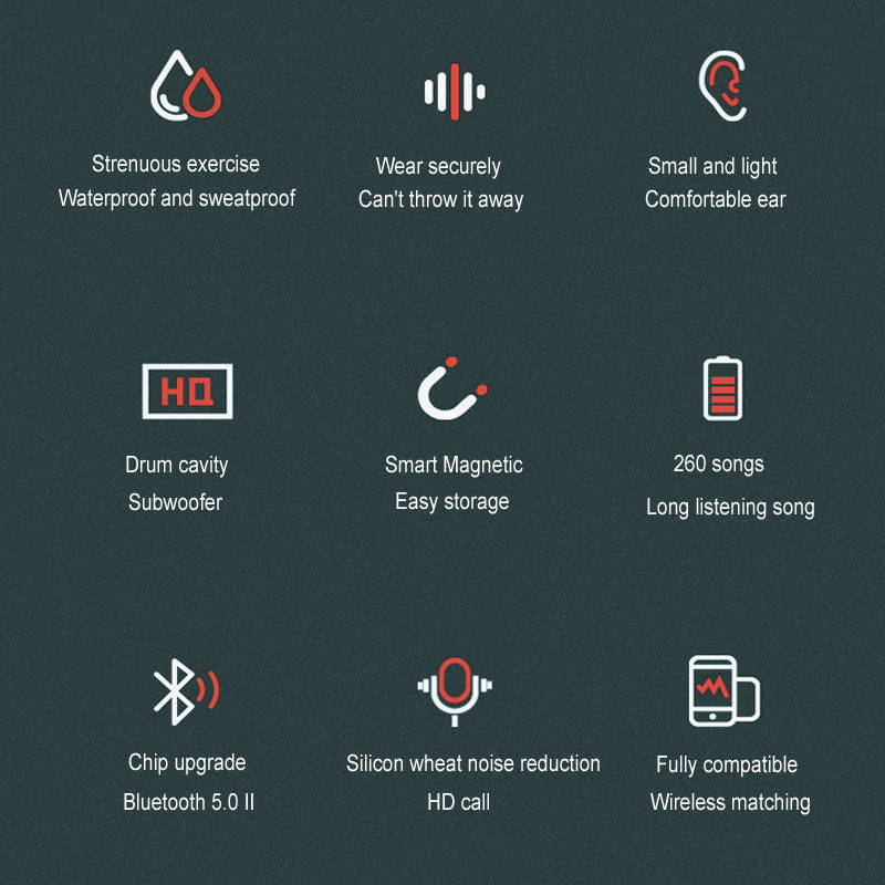 Smart Bluetooth 5.0 Earset Wireless Earphone Hanging Neck Earbuds running waterproof sweatproof