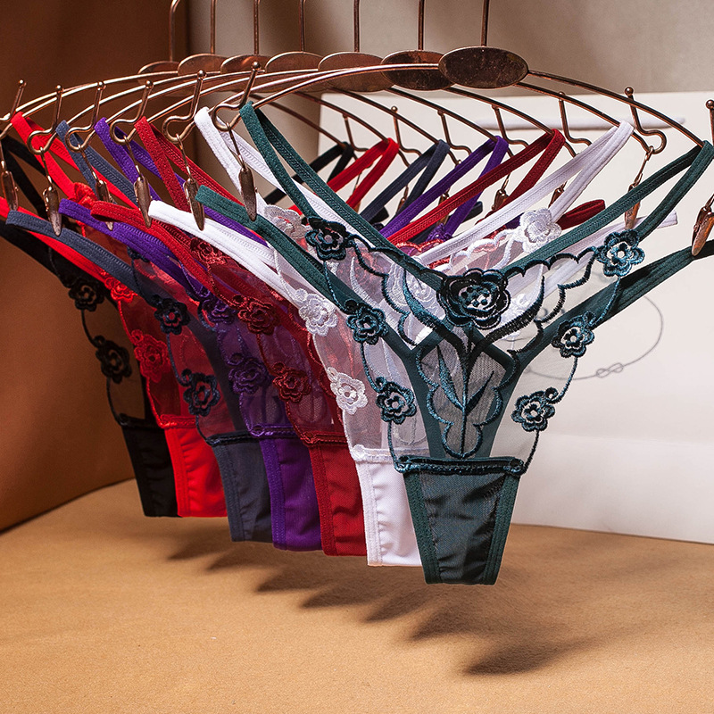 Sexy Embroidered Net Yarn Transparent Perspective Temptation Female Fashion Hot Ladies Thong T Pants