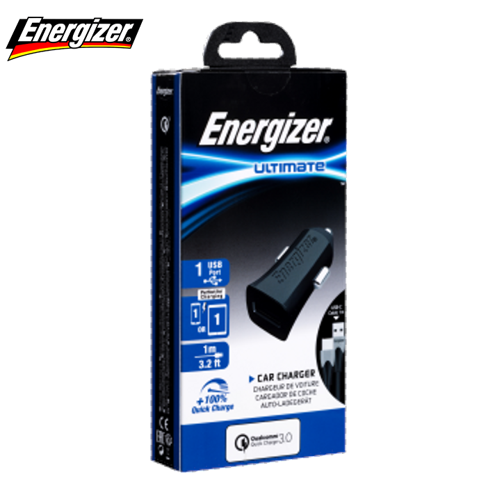 DC1Q3UC23- Ultimate Energizer Ul Car Charger Qc3 18w +Type C Cable Black