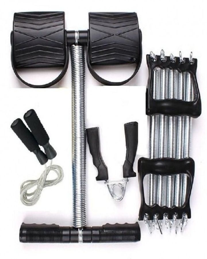 4 way Tummy trimmer exercise kit ( A set of 4) Tummy Trimmer Fitness Training kit with jump rope, hand grip and spring action power