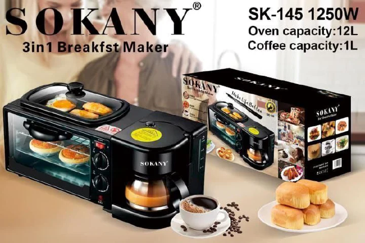 3 IN 1 Sokany Breakfast Maker machine coffee expresso, grill and 12 Litres oven