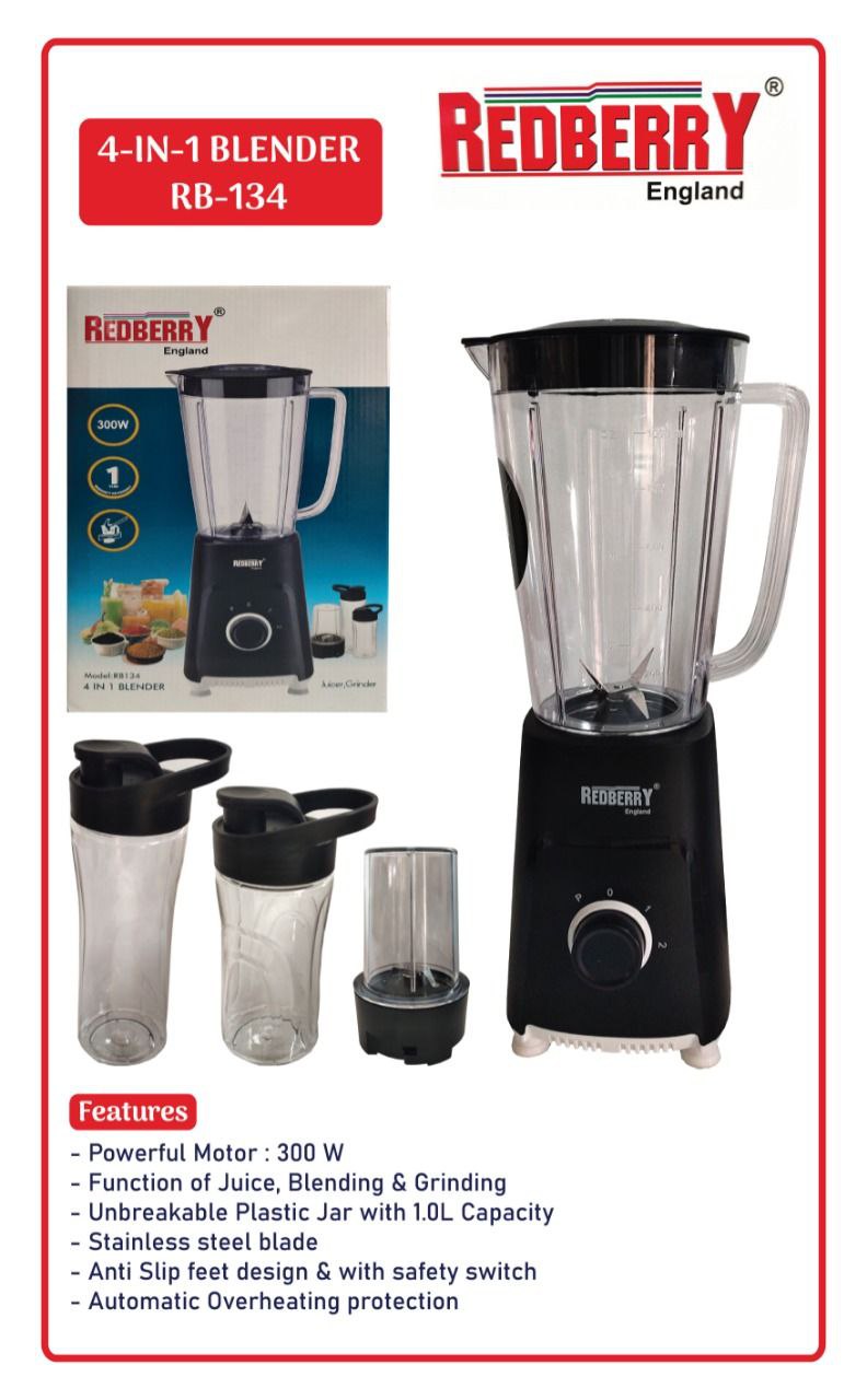 RB-134 4 In 1 Redberry  Blender 300W With 1Litre unbreakable plastic blender