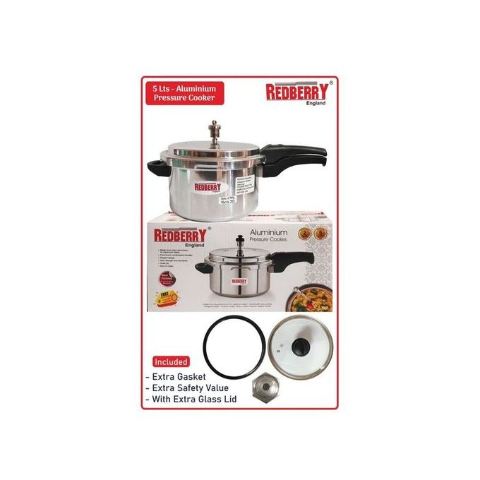 5 Litres Aluminium Redberry pressure cooker with extra safety valve, gasket and glass lid