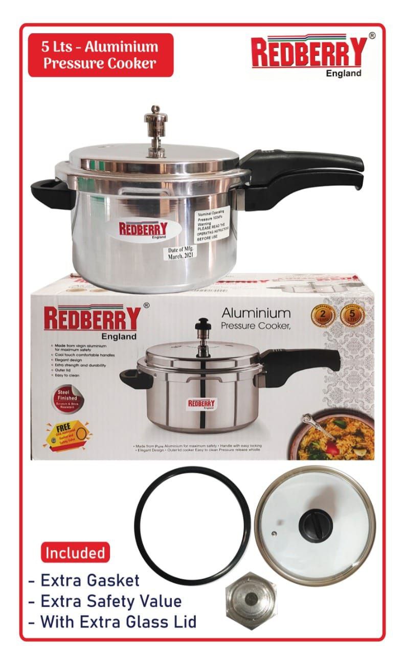 5 Litres Aluminium Redberry pressure cooker with extra safety valve, gasket and glass lid