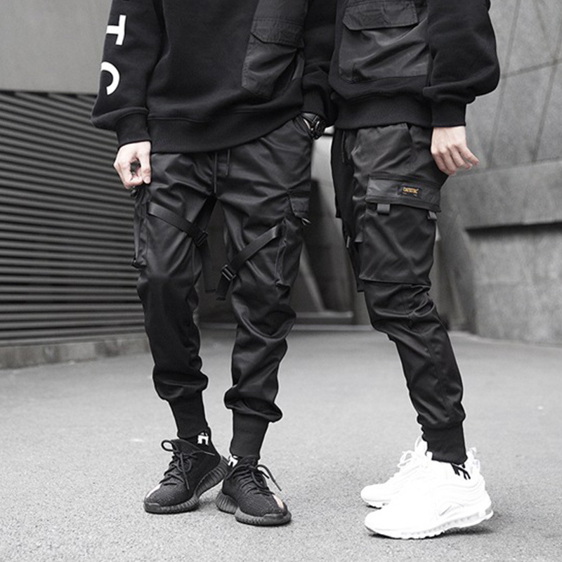 Men Ribbons Color Block Black Pocket Cargo Pants Harem Joggers Harajuku Sweatpant Hip Hop Trousers