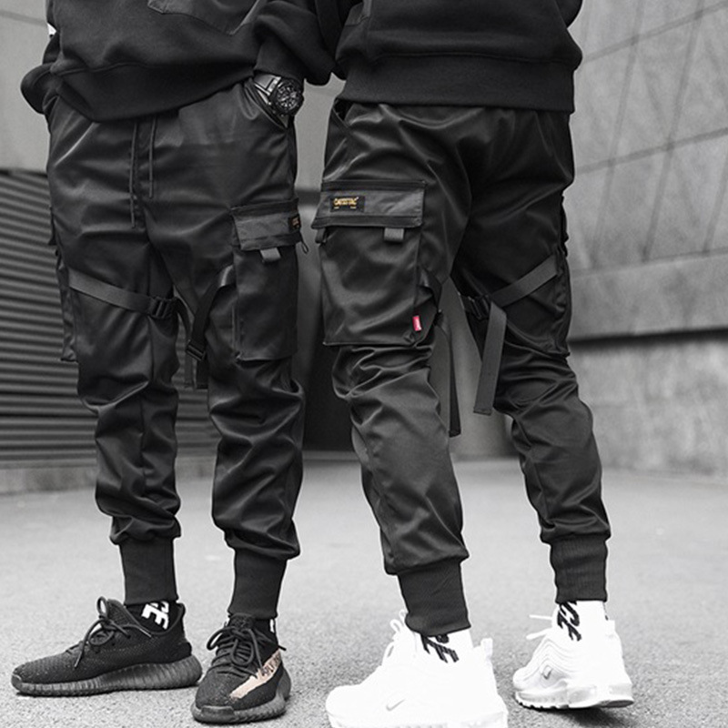 Men Ribbons Color Block Black Pocket Cargo Pants Harem Joggers Harajuku Sweatpant Hip Hop Trousers
