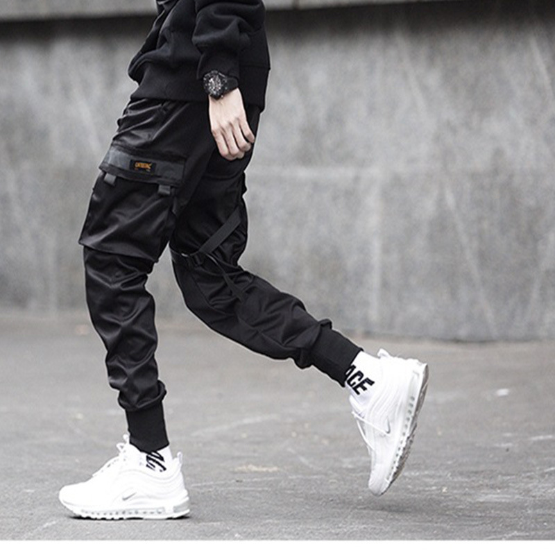 Men Ribbons Color Block Black Pocket Cargo Pants Harem Joggers Harajuku Sweatpant Hip Hop Trousers