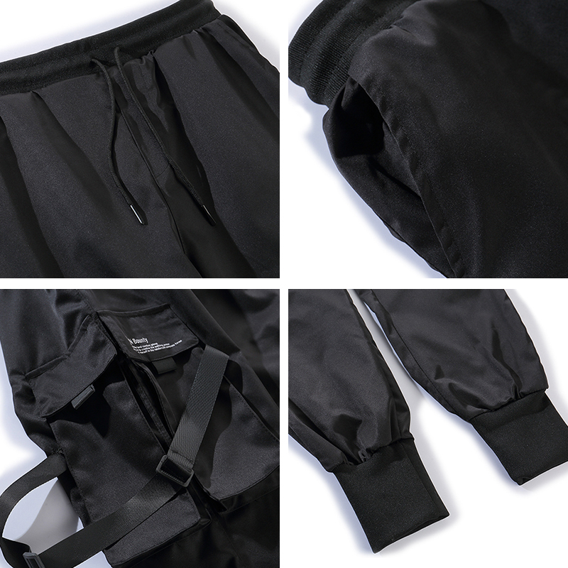 Men Ribbons Color Block Black Pocket Cargo Pants Harem Joggers Harajuku Sweatpant Hip Hop Trousers