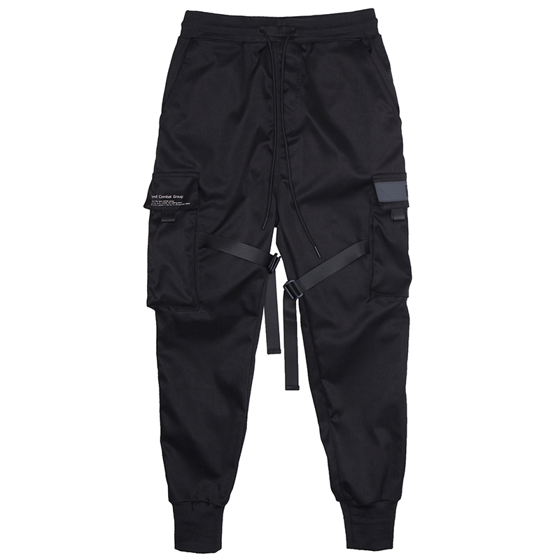 Men Ribbons Color Block Black Pocket Cargo Pants Harem Joggers Harajuku Sweatpant Hip Hop Trousers