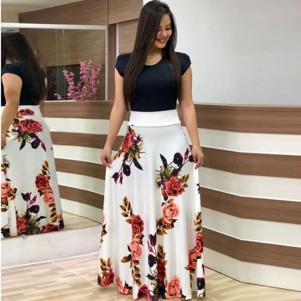 Long Dress Vintage Floral Print O Neck Women Summer Short Sleeve Robe Casual Elegant Lady Clothes