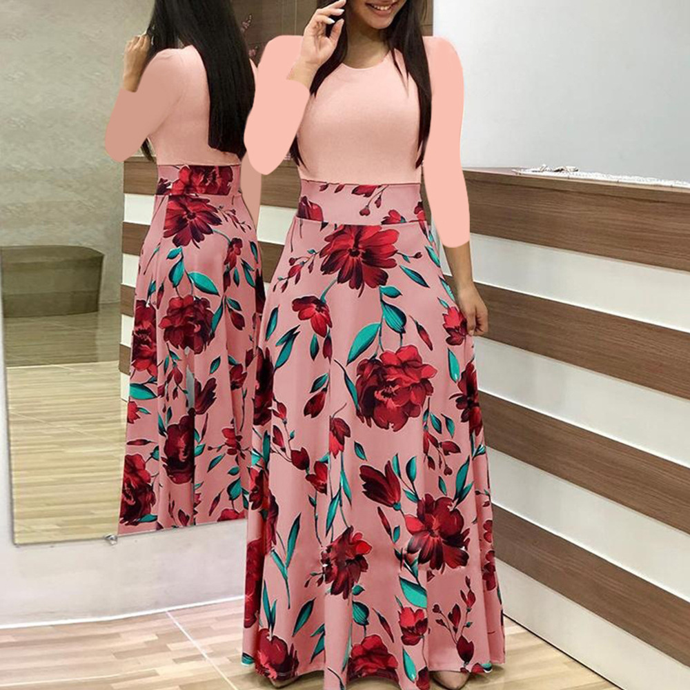 Long Dress Vintage Floral Print O Neck Women Summer Short Sleeve Robe Casual Elegant Lady Clothes
