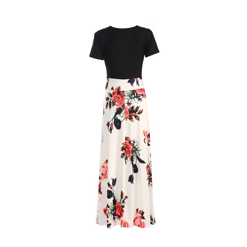 Long Dress Vintage Floral Print O Neck Women Summer Short Sleeve Robe Casual Elegant Lady Clothes