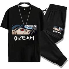 2 Pack Top + Trousers Men short-sleeved t-shirt trendy all-match casual top Korean style tide brand Hong Kong style loose printed t-shirt Men Clothes As shown XXL Polyester