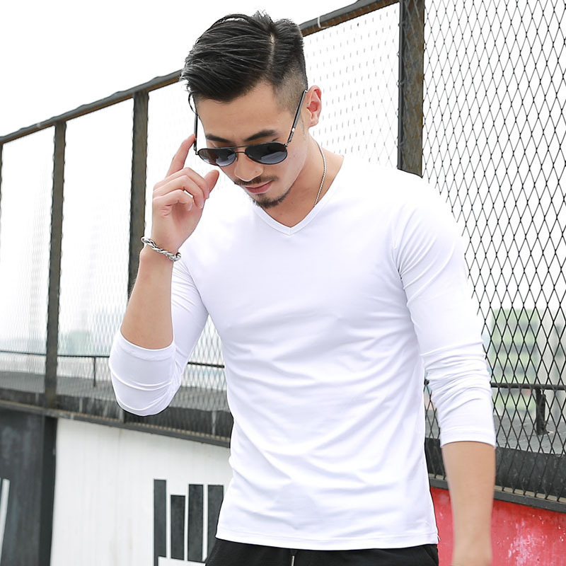 Short Sleeve men T-shirts Round Neck plain white Short-sleeved  trendy V neck slim clothes