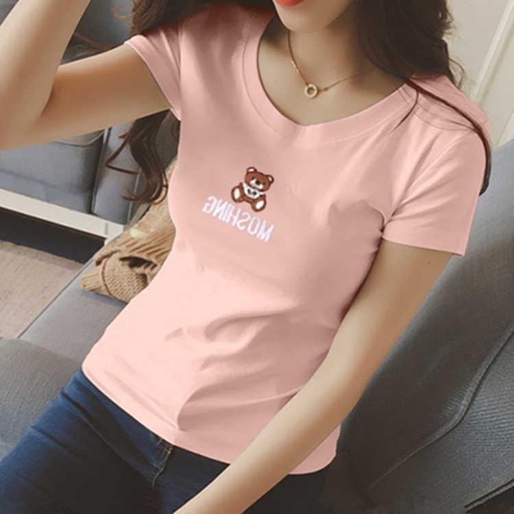 short sleeve round neck slim student half sleeve women Tops simple pink girl T-shirt