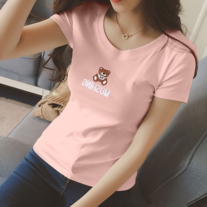 short sleeve round neck slim student half sleeve women Tops simple pink girl T-shirt