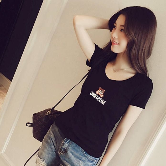 short sleeve round neck slim student half sleeve women Tops simple pink girl T-shirt