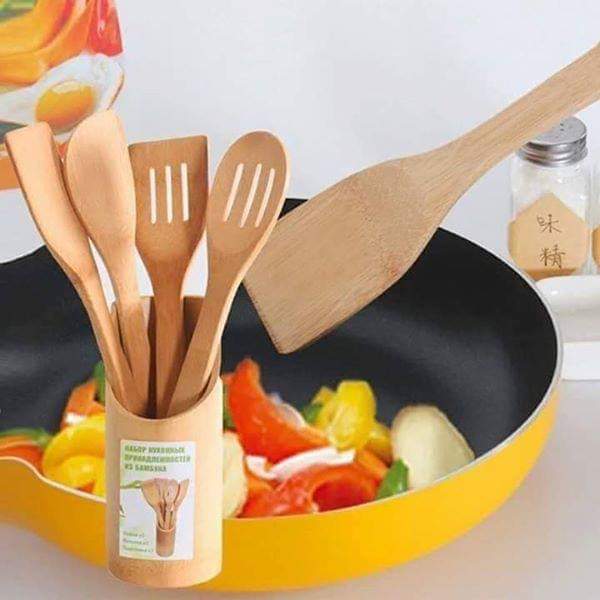 5pcs Bamboo Wooden Kitchen Cooking Utensils Set Tools Spatula Spoon Turner for Non-Stick