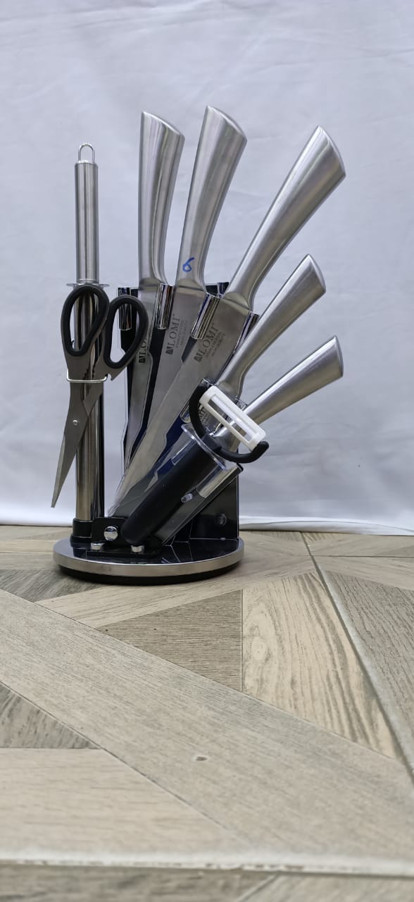 9 pcs High Quality Stainless Steel Kitchen Knife set with Acrylic Stand Holder Silver