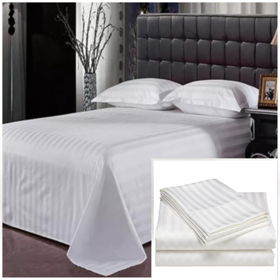 4pc set white Cotton stripped bedsheets 7*7 (2 Bed sheets, 2 pillow cases)
