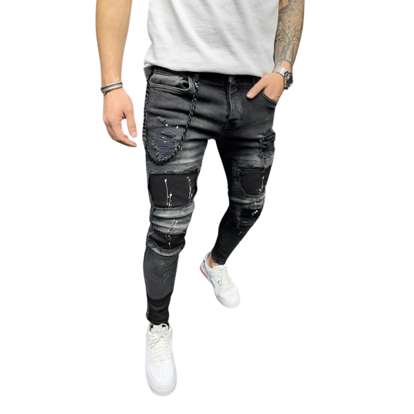 Biker Jeans Men&apos;s Distressed Stretch Ripped Biker Jeans Men Hip Hop Slim Fit Holes Punk  Trousers