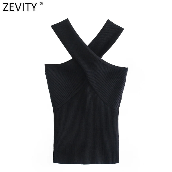 Zevity New Women Chic Sexy Cross Strap Black Knitting Camis Tank High Street Ladies Tops