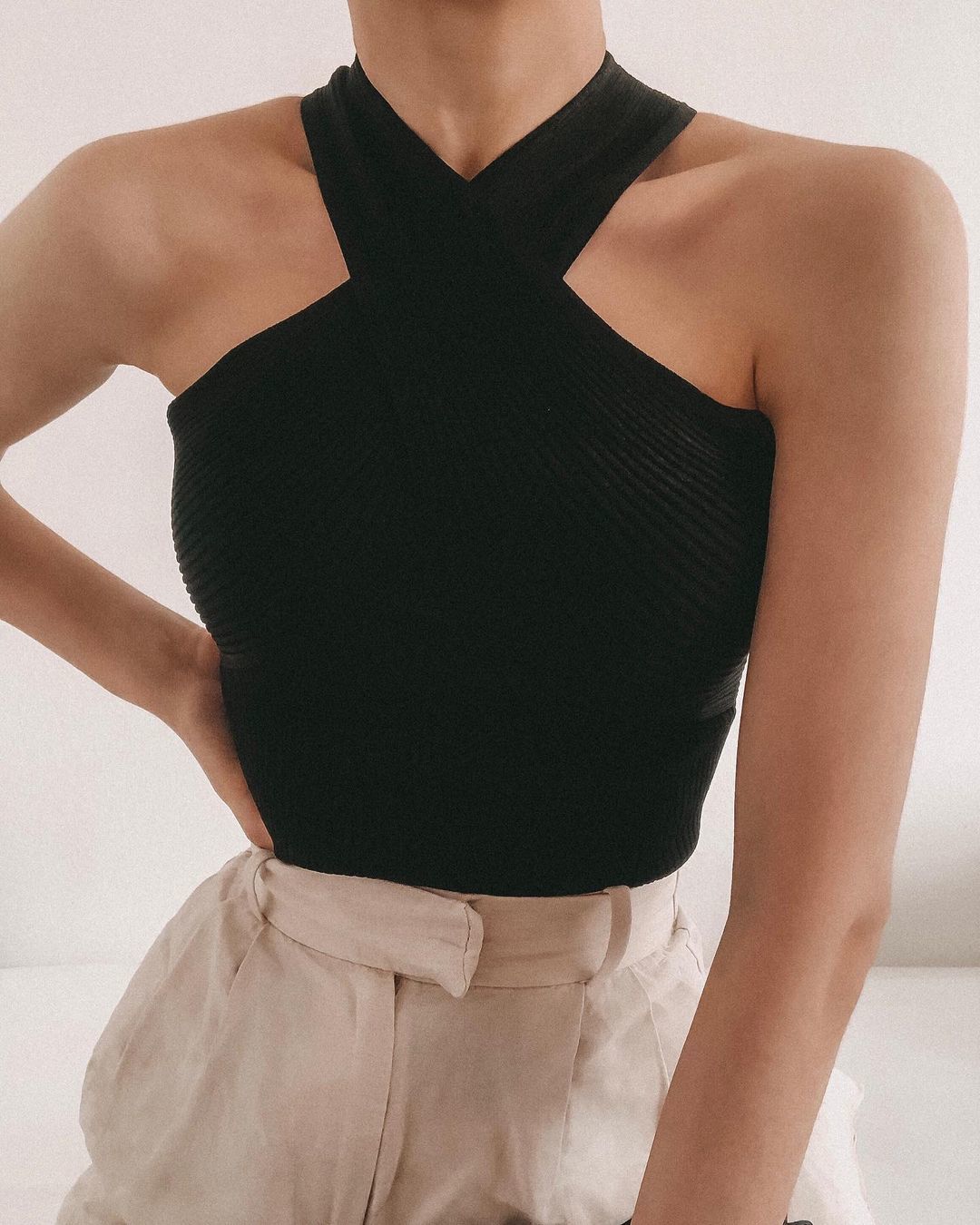 Zevity New Women Chic Sexy Cross Strap Black Knitting Camis Tank High Street Ladies Tops