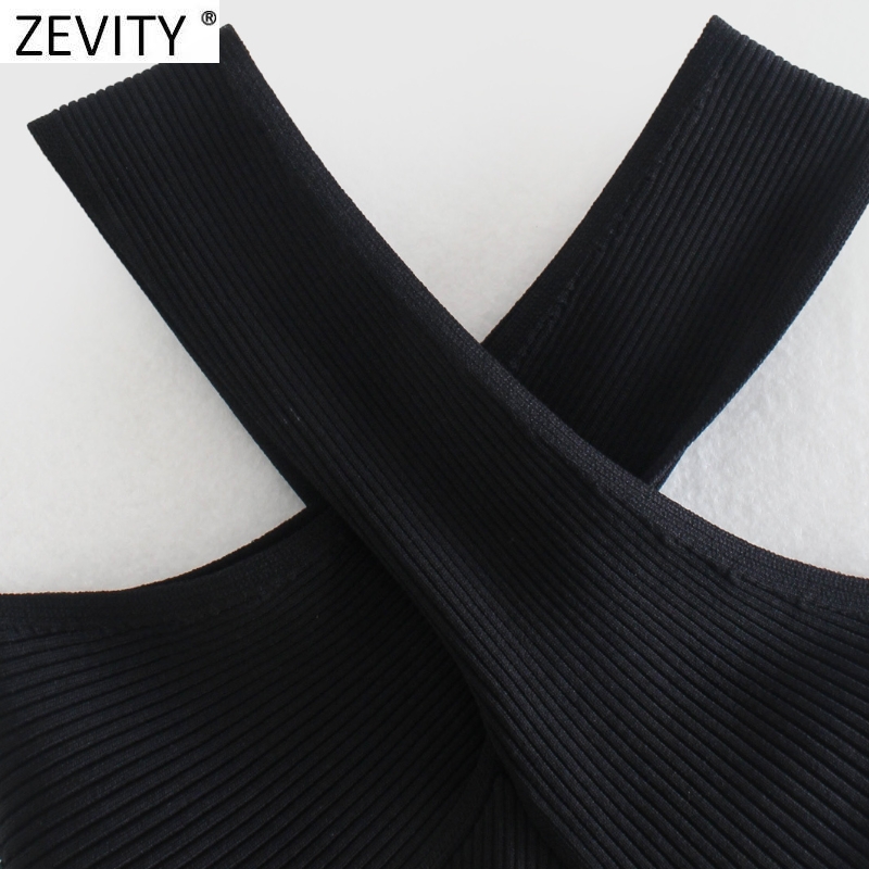 Zevity New Women Chic Sexy Cross Strap Black Knitting Camis Tank High Street Ladies Tops