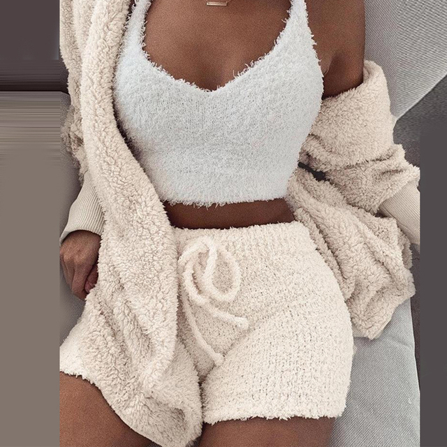 Three Piece Sexy Fluffy Outfits Plush Velvet Hooded Cardigan Coat+Shorts+Crop Top Women Tracksuit Sets Suits & Separates