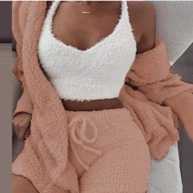Three Piece Sexy Fluffy Outfits Plush Velvet Hooded Cardigan Coat+Shorts+Crop Top Women Tracksuit Sets Suits & Separates