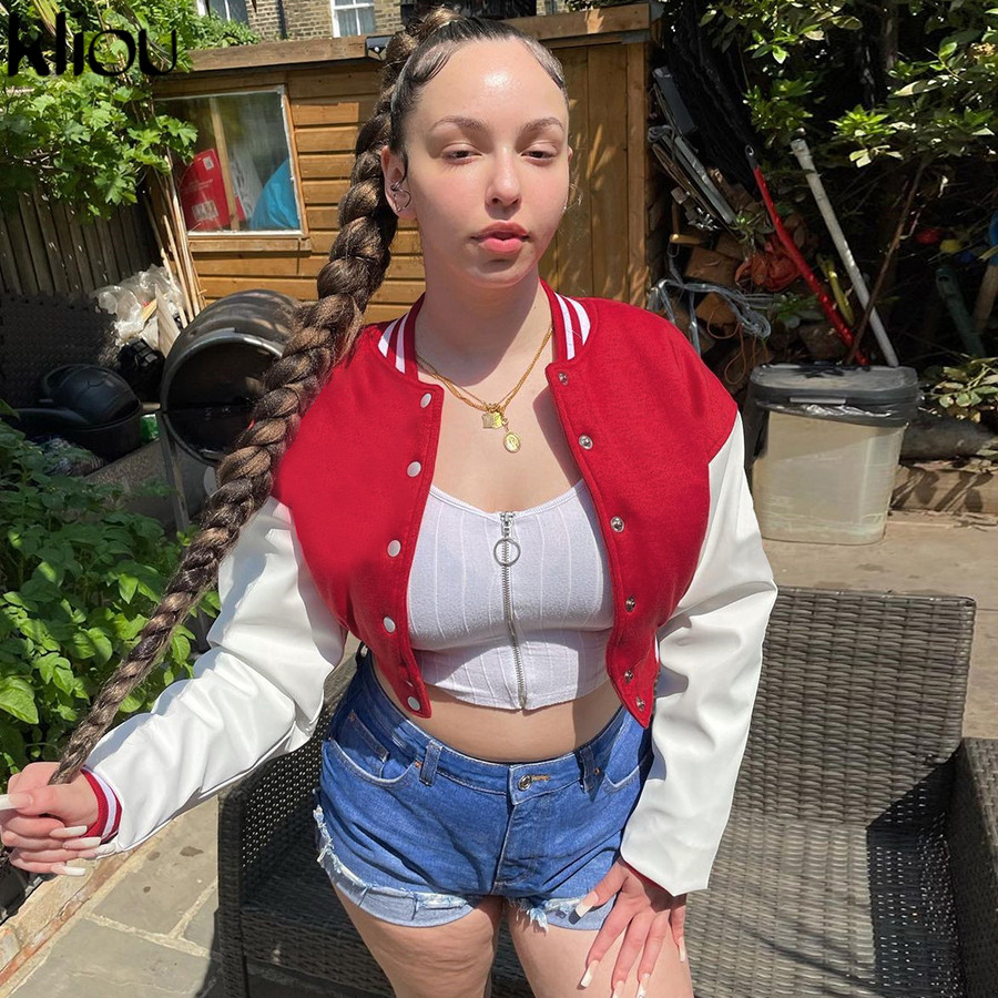 Kliou Preppy Style Jacket Women Autumn Casual Sporty Baseball Uniform Girl Go Out Popular Streetwear Tops Classic Thin Coat Hot