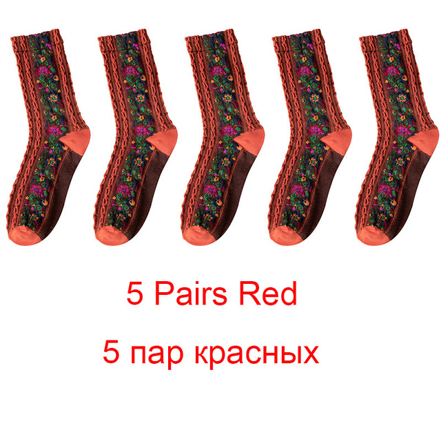 5pcs Retro Ethnic Flower Style Women's Crew Socks Set Funny Casual Harajuku Woman Cute Cotton  Shorts