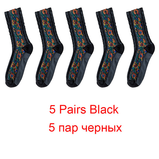 5pcs Retro Ethnic Flower Style Women's Crew Socks Set Funny Casual Harajuku Woman Cute Cotton  Shorts