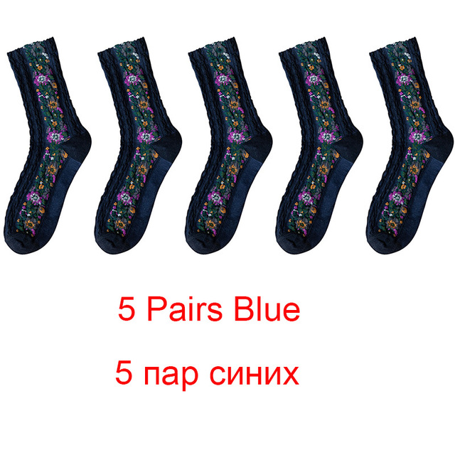 5pcs Retro Ethnic Flower Style Women's Crew Socks Set Funny Casual Harajuku Woman Cute Cotton  Shorts