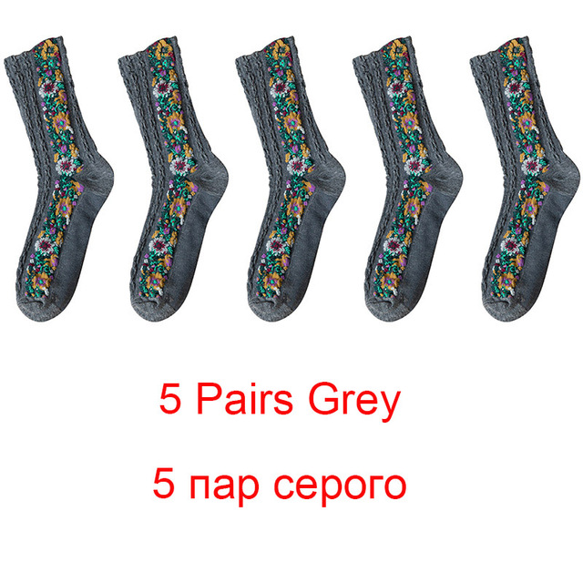 5pcs Retro Ethnic Flower Style Women's Crew Socks Set Funny Casual Harajuku Woman Cute Cotton  Shorts