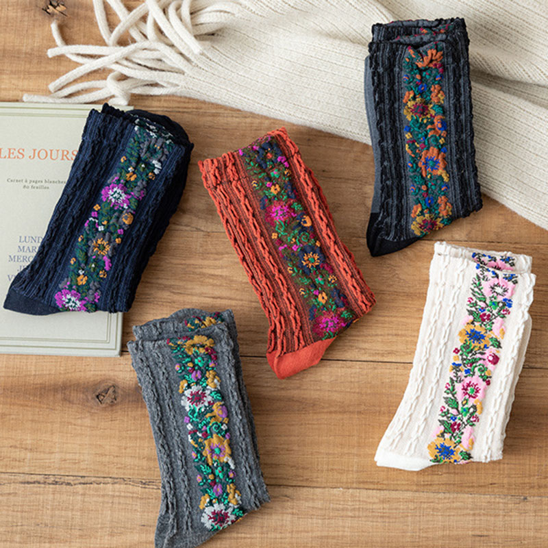 5pcs Retro Ethnic Flower Style Women's Crew Socks Set Funny Casual Harajuku Woman Cute Cotton  Shorts