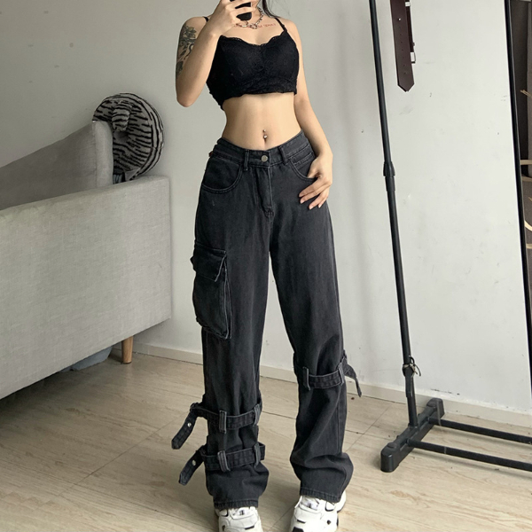 Goth Chic Low Waist Jean Retro Grunge Oversized Women's Fashion Streetwear Harajuku  Trousers