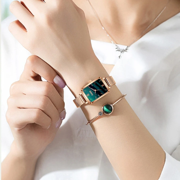 Wrist Watches Simple And Personalized Versatile Women'S Fashion Quartz Watch Bracelet Set Green Dial Simple Rose Gold Mesh