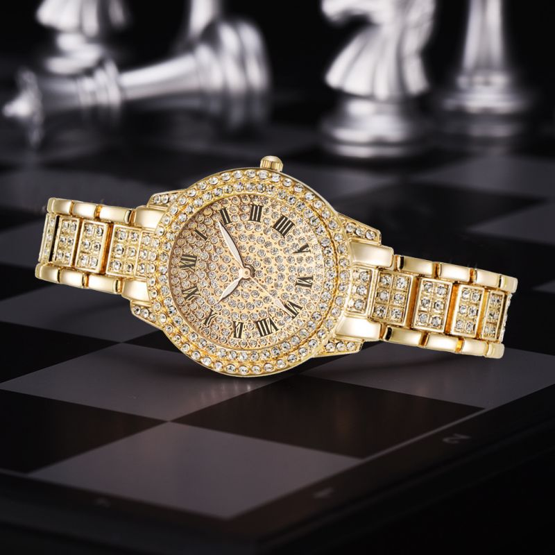 Wrist Watches Ladies Full Diamond Roman Literal Steel Strap Watch Full Star Temperament Business Quartz Watch Hip Hop Style Full Diamond Bracelet Set