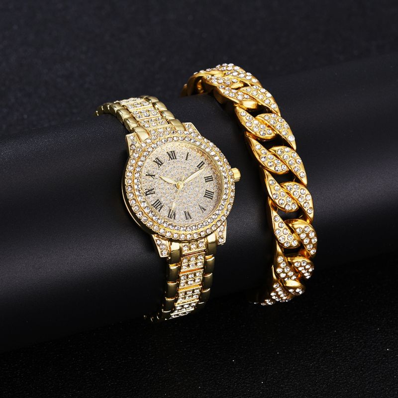 Wrist Watches Ladies Full Diamond Roman Literal Steel Strap Watch Full Star Temperament Business Quartz Watch Hip Hop Style Full Diamond Bracelet Set