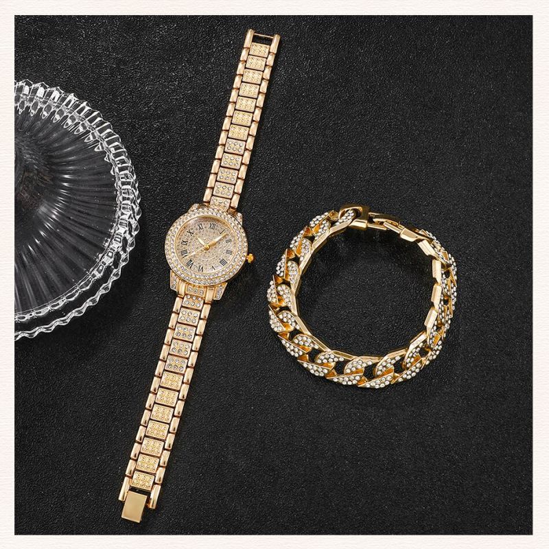 Wrist Watches Ladies Full Diamond Roman Literal Steel Strap Watch Full Star Temperament Business Quartz Watch Hip Hop Style Full Diamond Bracelet Set