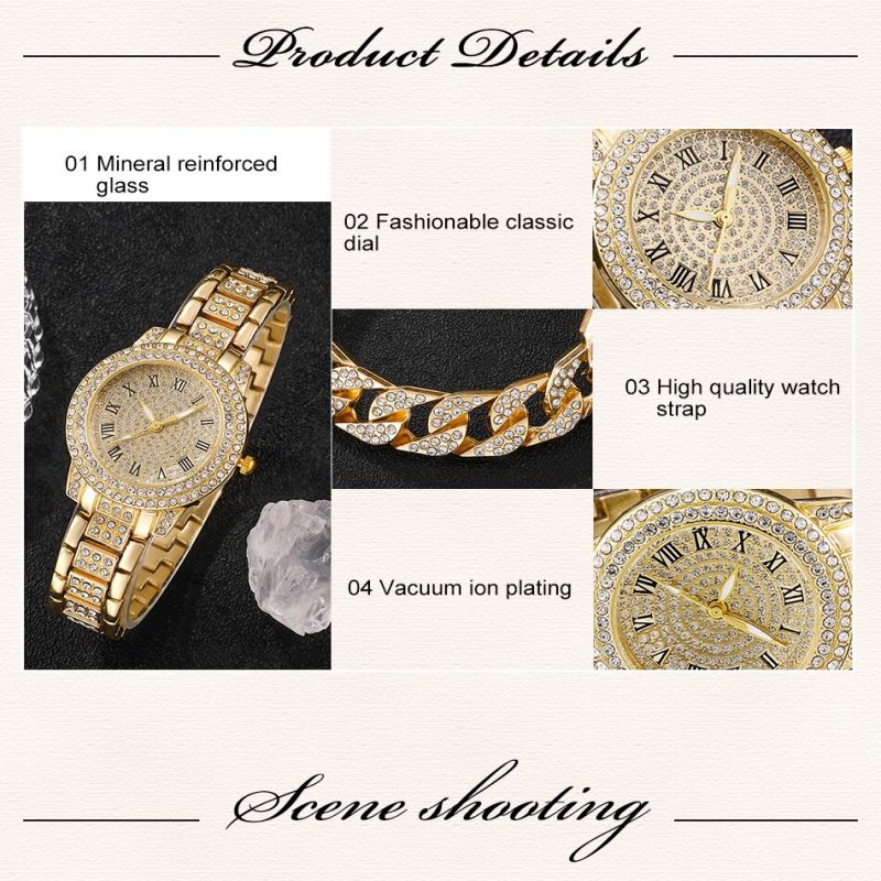 Wrist Watches Ladies Full Diamond Roman Literal Steel Strap Watch Full Star Temperament Business Quartz Watch Hip Hop Style Full Diamond Bracelet Set